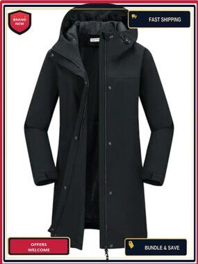 Women's Waterproof Long Rain Jacket with Hood, Adjustable Waist, Zippered